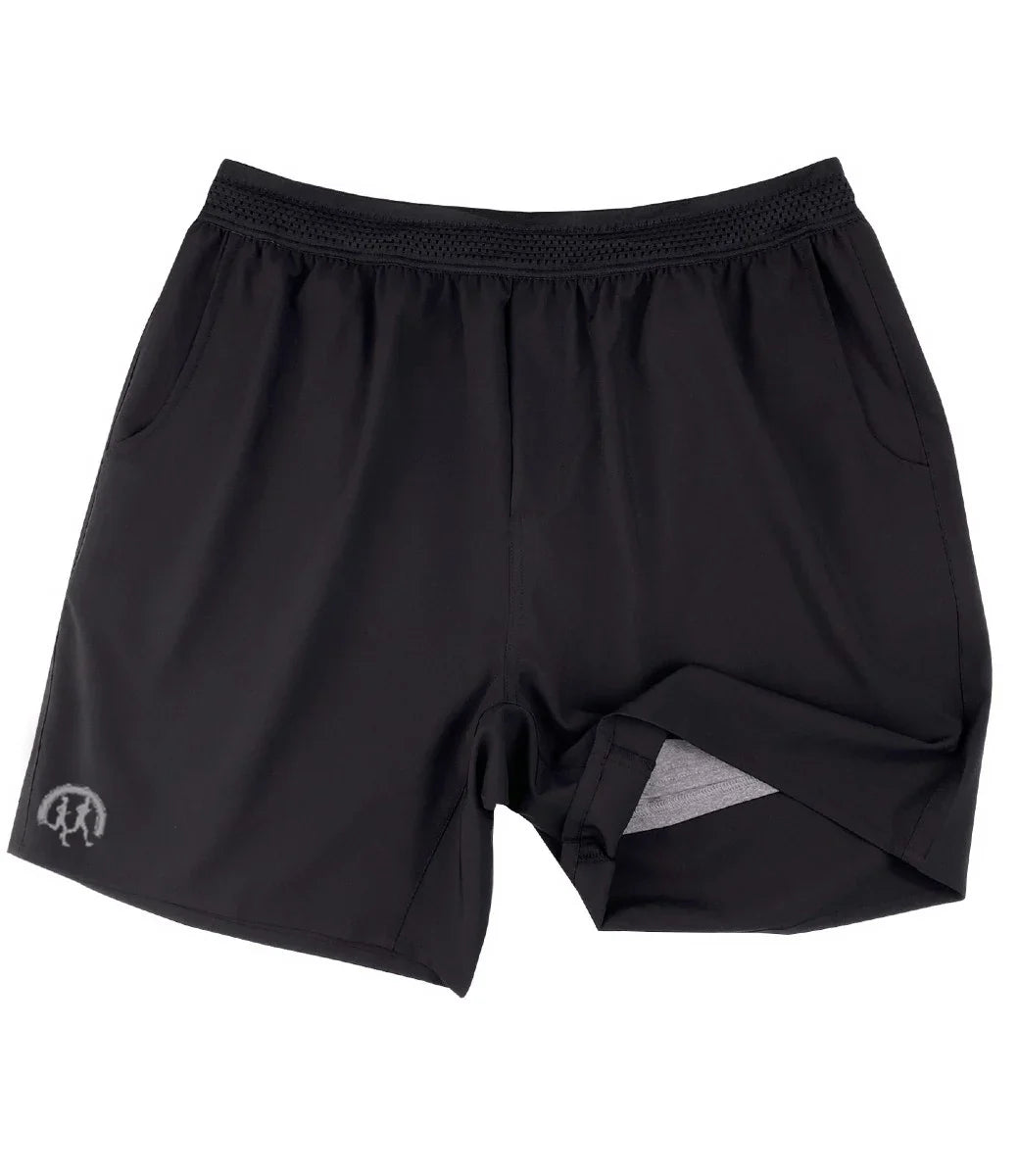 Black athletic running shorts with elastic waistband and built-in liner, front view