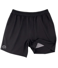 Black athletic running shorts with elastic waistband and built-in liner, front view