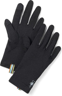 Black merino wool gloves with touchscreen fingertips and colorful wrist label, flat lay view