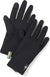 Black merino wool gloves with touchscreen fingertips and colorful wrist label, flat lay view