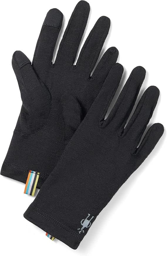 Black merino wool gloves with touchscreen fingertips and colorful wrist label, flat lay view