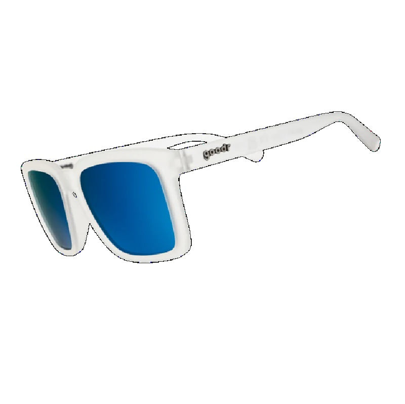 White framed sunglasses with blue reflective lenses shown at three-quarter angle