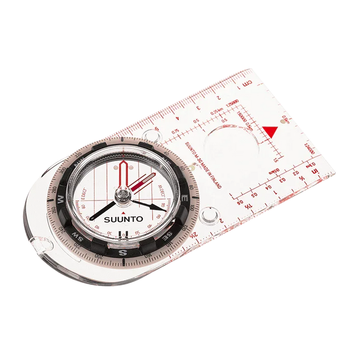 Baseplate orienteering compass with transparent acrylic plate, ruler markings, and magnifying lens