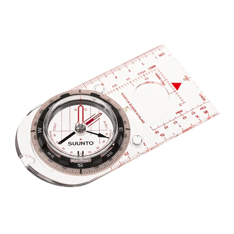 Baseplate orienteering compass with transparent acrylic plate, ruler markings, and magnifying lens
