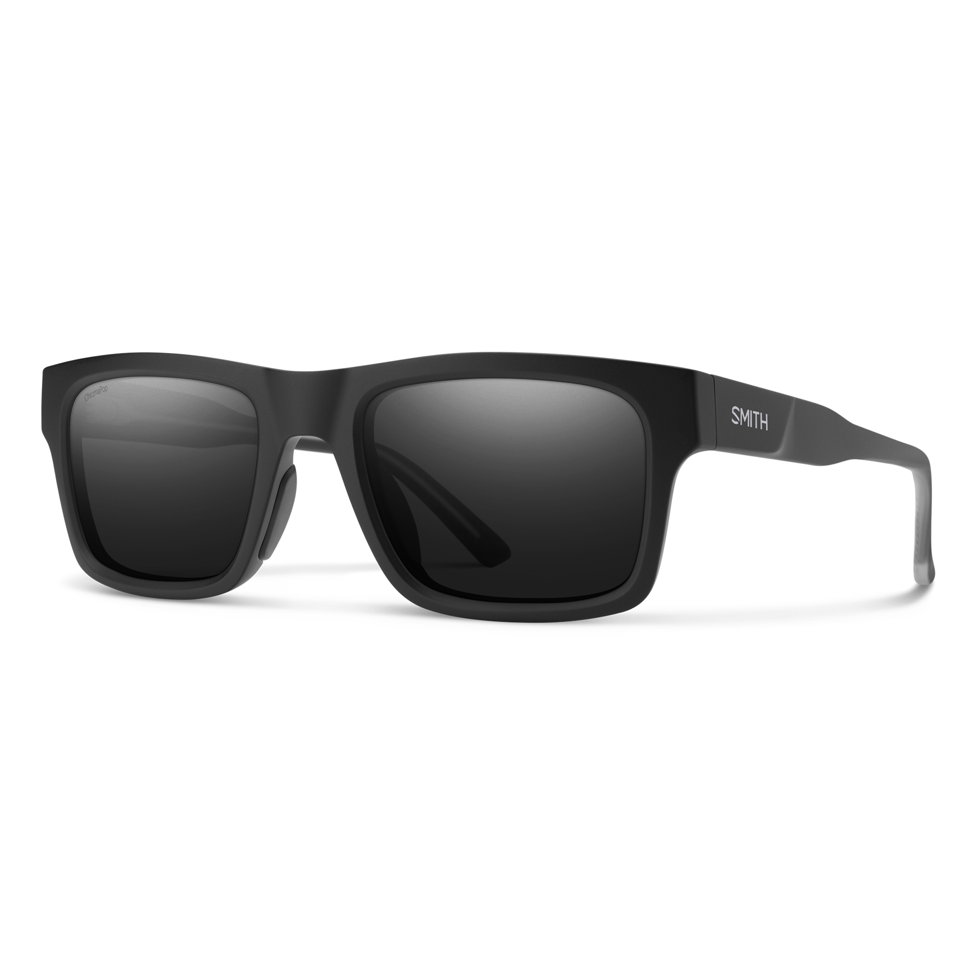 Black rectangular sunglasses with dark polarized lenses shown at three-quarter angle