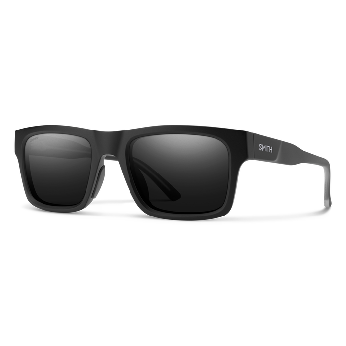 Black rectangular sunglasses with dark polarized lenses shown at three-quarter angle