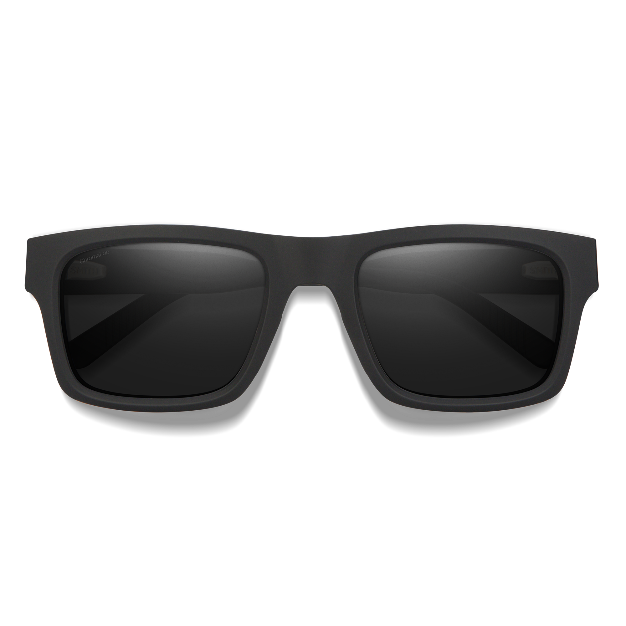 Square frame sunglasses with dark lenses and matte black frame, front view