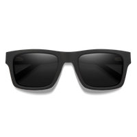 Square frame sunglasses with dark lenses and matte black frame, front view