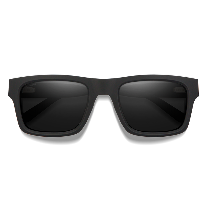 Square frame sunglasses with dark lenses and matte black frame, front view