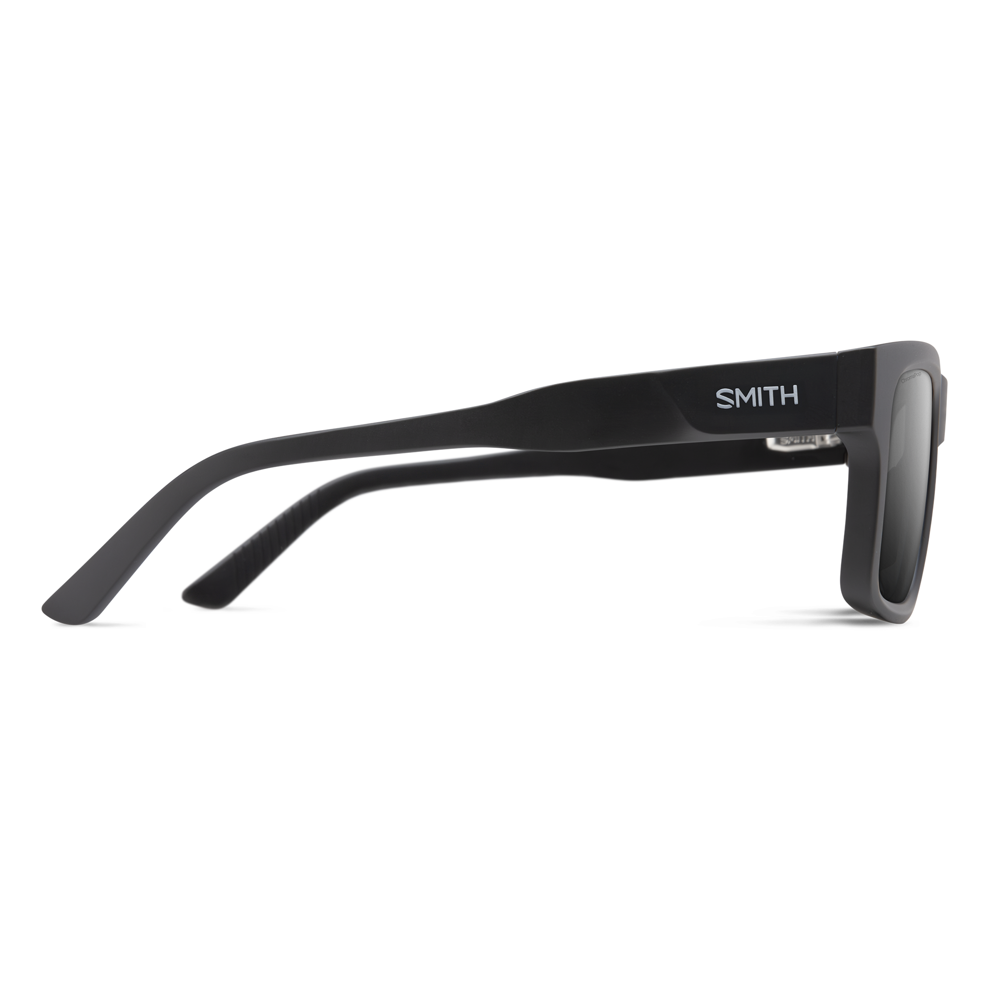 Black rectangular sunglasses shown from side angle against white background