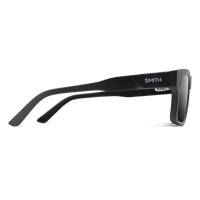 Black rectangular sunglasses shown from side angle against white background