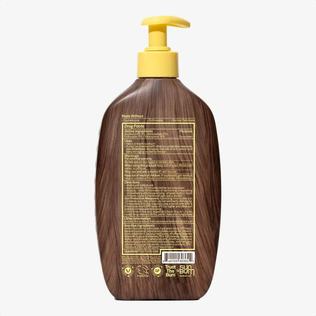 Brown pump bottle sunscreen lotion with yellow dispenser showing back label with ingredients and directions
