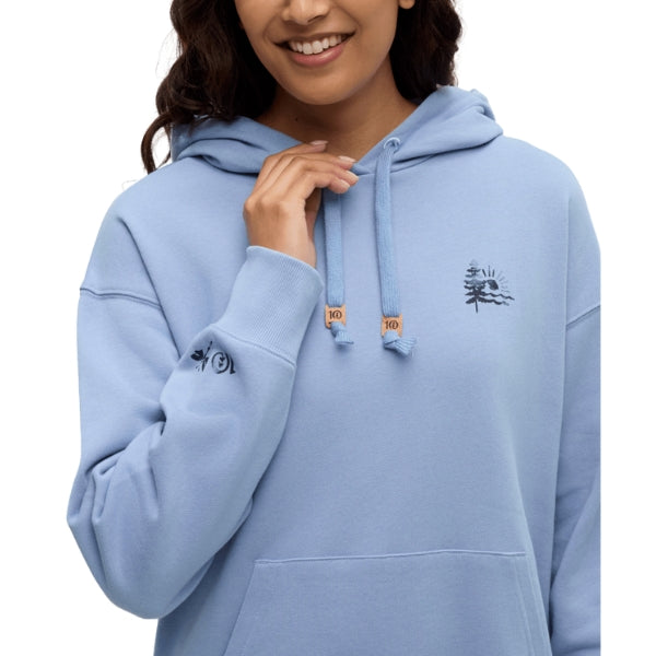 Light blue pullover hoodie with front pocket and drawstrings worn by smiling woman