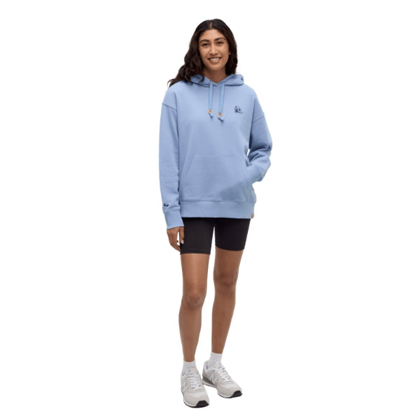 Light blue pullover hoodie with drawstrings worn by woman with black shorts and white sneakers