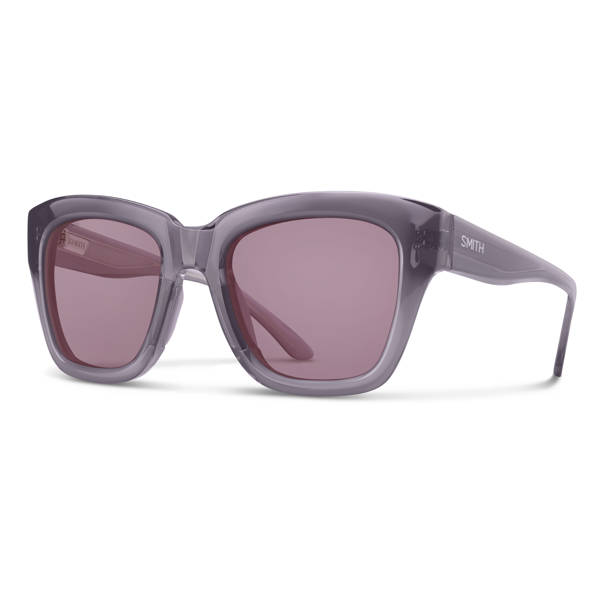 Translucent gray sunglasses with rose-tinted lenses shown in three-quarter view