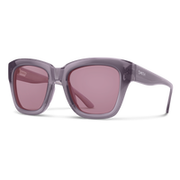 Translucent gray sunglasses with rose-tinted lenses shown in three-quarter view