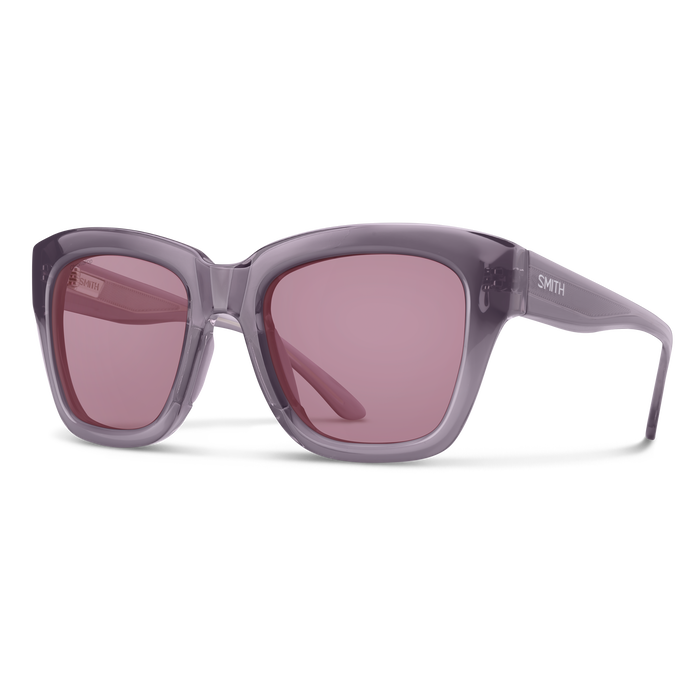 Translucent gray sunglasses with rose-tinted lenses shown in three-quarter view