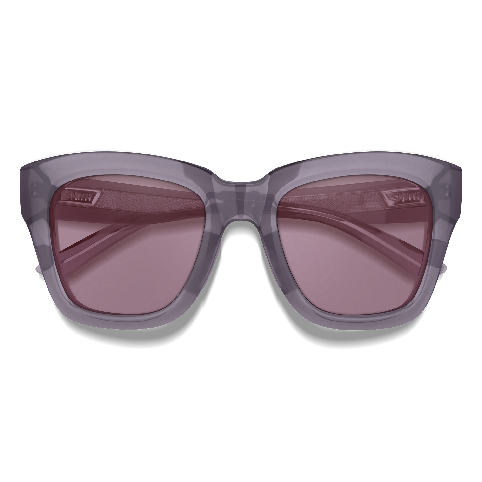 Translucent purple sunglasses with gradient rose-tinted lenses, front view on white background