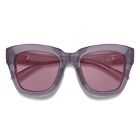 Translucent purple sunglasses with gradient rose-tinted lenses, front view on white background