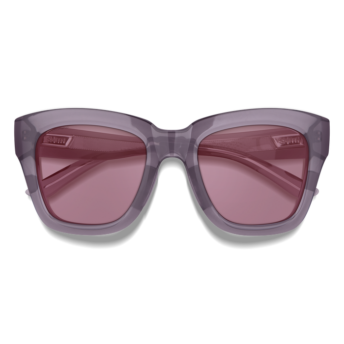 Translucent purple sunglasses with gradient rose-tinted lenses, front view on white background