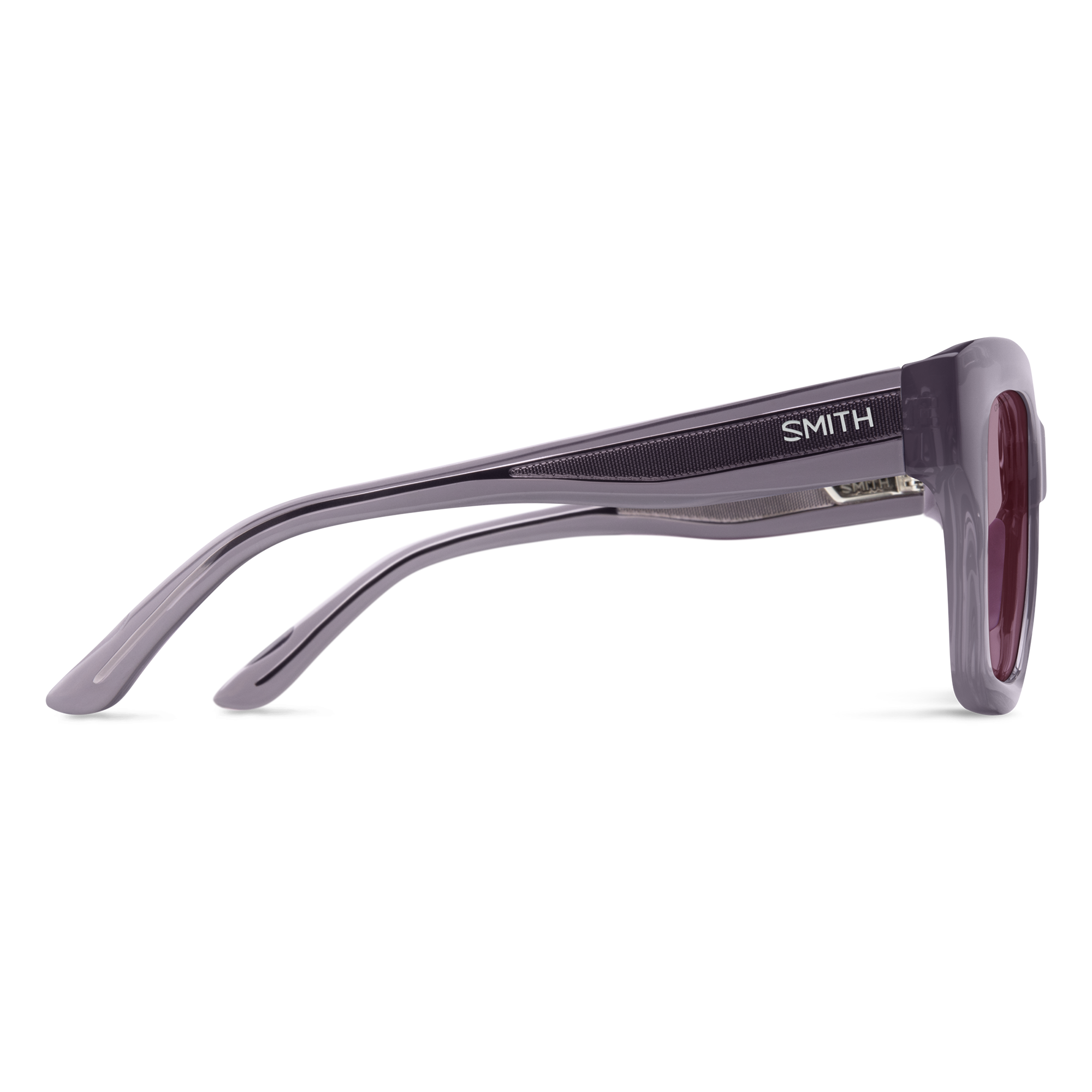 Translucent purple sunglasses shown from side angle with curved temples and round lenses