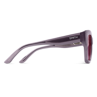 Translucent purple sunglasses shown from side angle with curved temples and round lenses