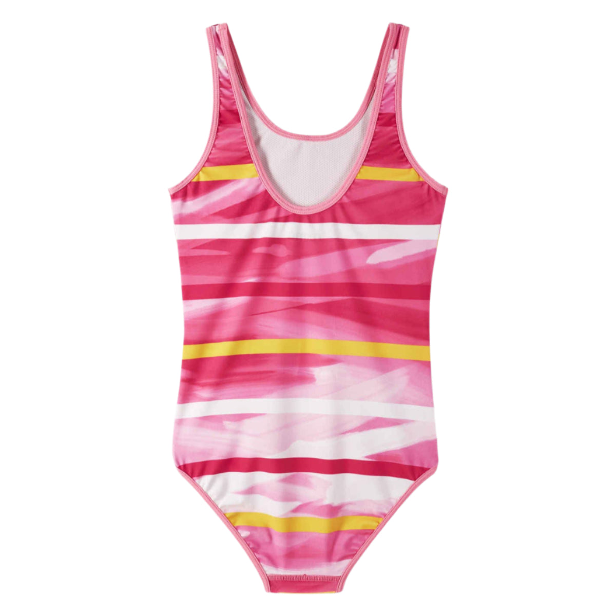 Girls' one-piece swimsuit with pink and white horizontal stripes and yellow accent bands