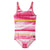Girls' one-piece swimsuit with pink and white stripes and yellow accent bands