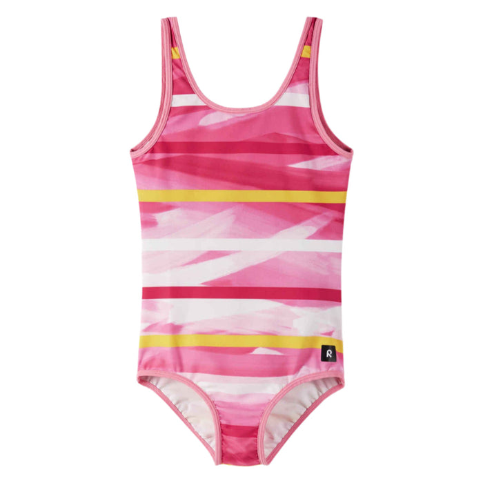 Girls' one-piece swimsuit with pink and white stripes and yellow accent bands
