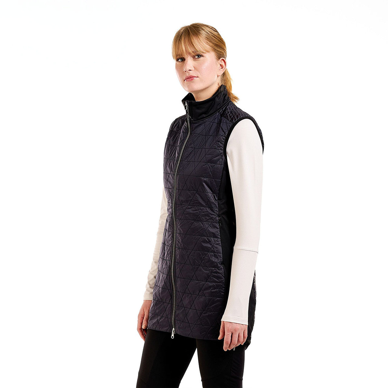 Black quilted sleeveless vest with diamond pattern stitching and full front zipper