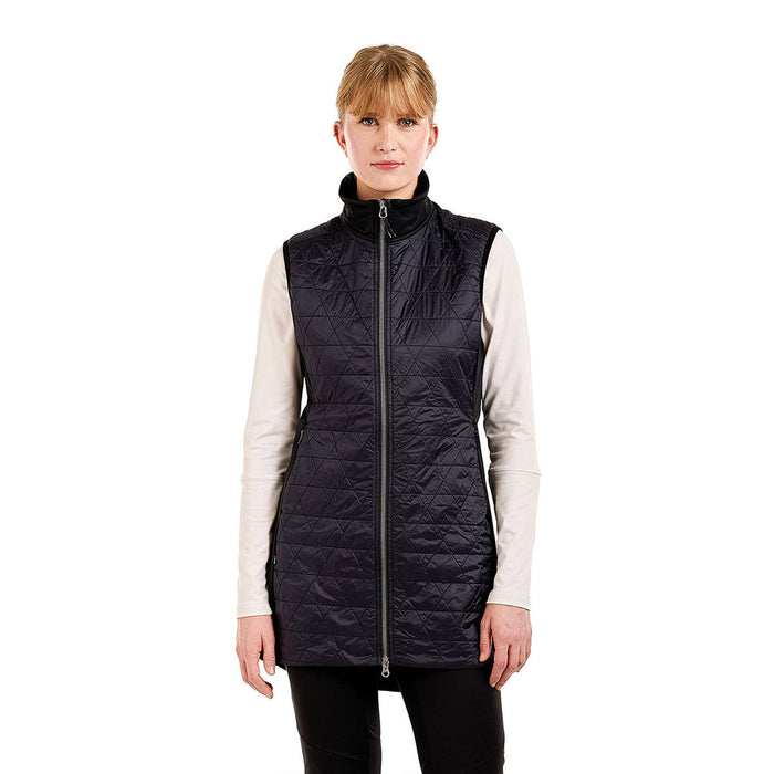 Black quilted sleeveless vest with diamond pattern and full zip closure, front view