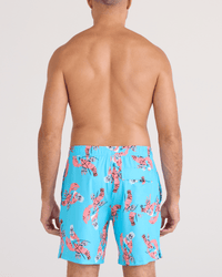 Men's swim trunks back view, aqua blue with pink lobster print pattern, elastic waistband