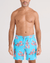 Men's swim trunks in turquoise blue with pink lobster print, front view with drawstring waist
