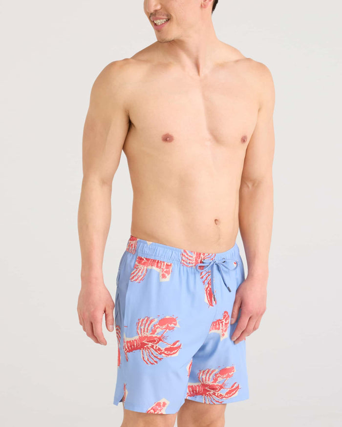 Men's swim trunks in light blue with red lobster print, front view with drawstring waist