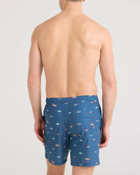 Men's swim trunks back view, blue with nautical print, elastic waistband and back pocket