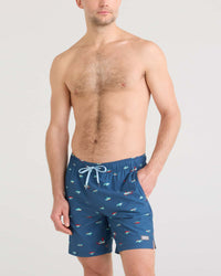 Men's navy blue swim shorts with nautical print pattern and light blue drawstring, front view
