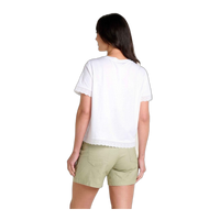 White short-sleeve tee with lace trim details, shown from back view