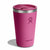 Pink insulated tumbler with press-in lid, angled view showing brand logo embossed on side