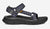 Sport sandal with navy and grey patterned straps and black sole, side profile view