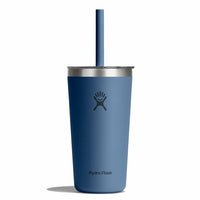 Blue insulated tumbler with stainless steel rim and matching blue straw on white background