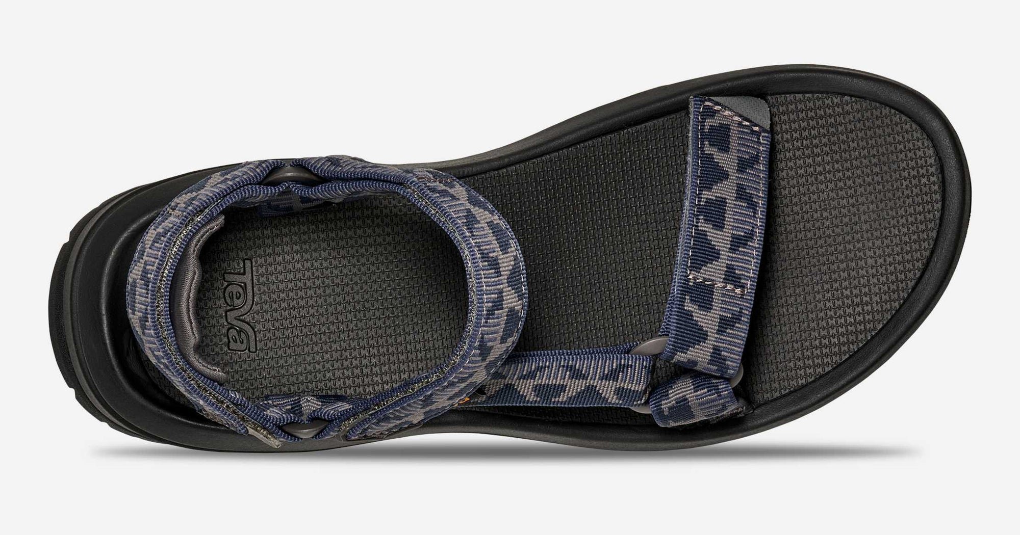 Sport sandal with adjustable navy and grey patterned straps, viewed from above