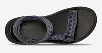 Sport sandal with adjustable navy and grey patterned straps, viewed from above