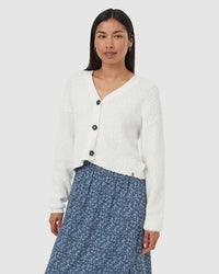 Off-white knit cardigan with button front and V-neck on model