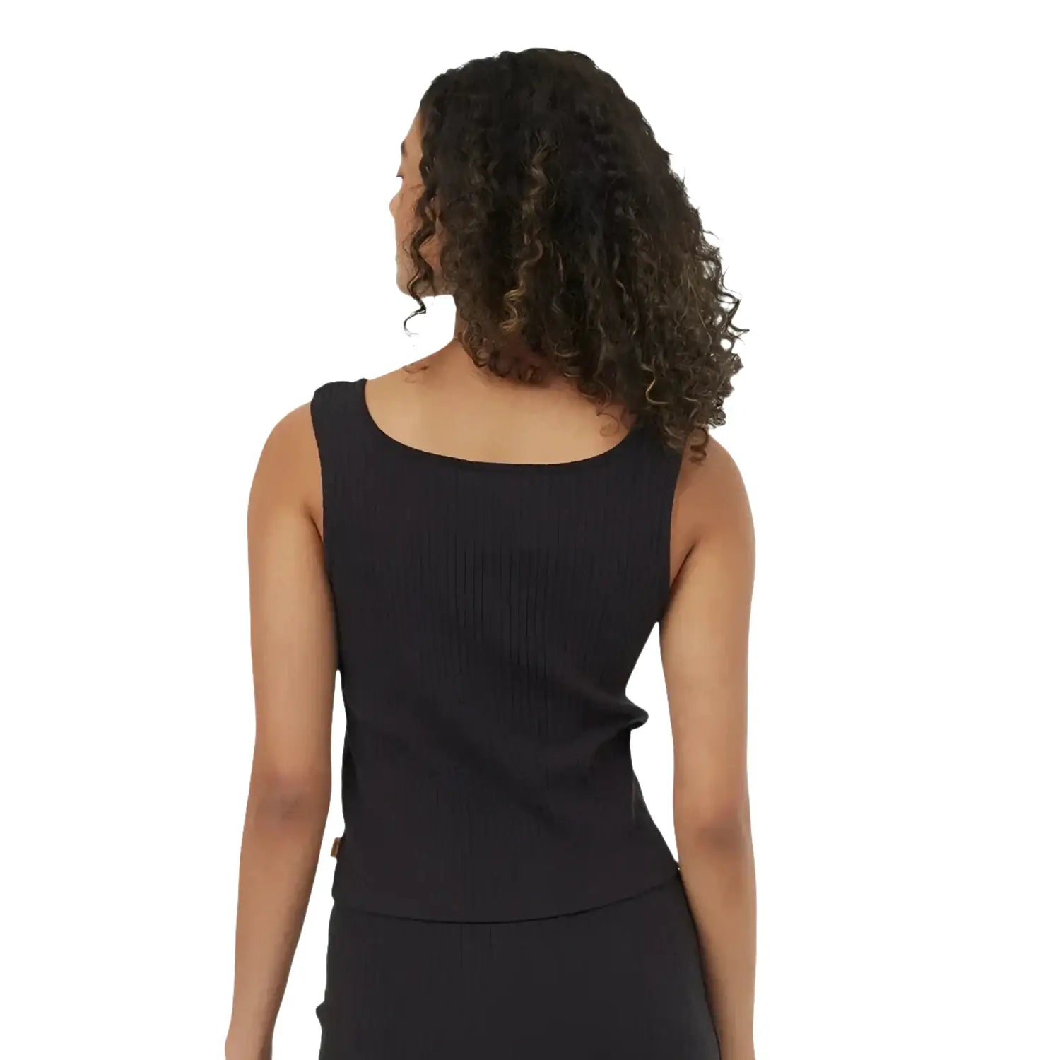 Black sleeveless tank top with ribbed detailing, back view on model