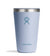 Light blue insulated tumbler with sliding lid and brand logo, front view