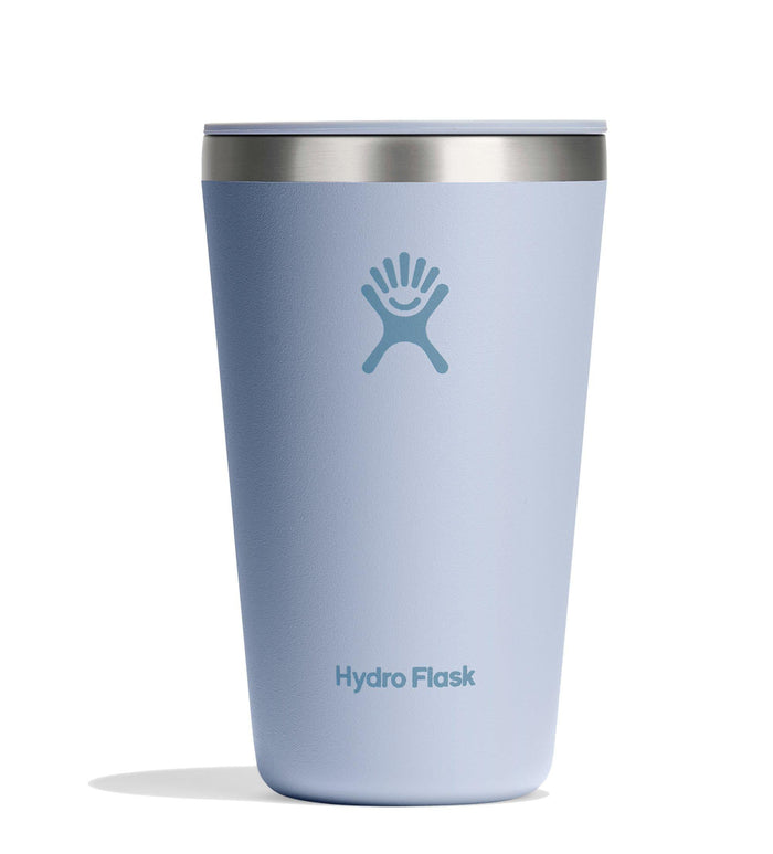 Light blue insulated tumbler with sliding lid and brand logo, front view