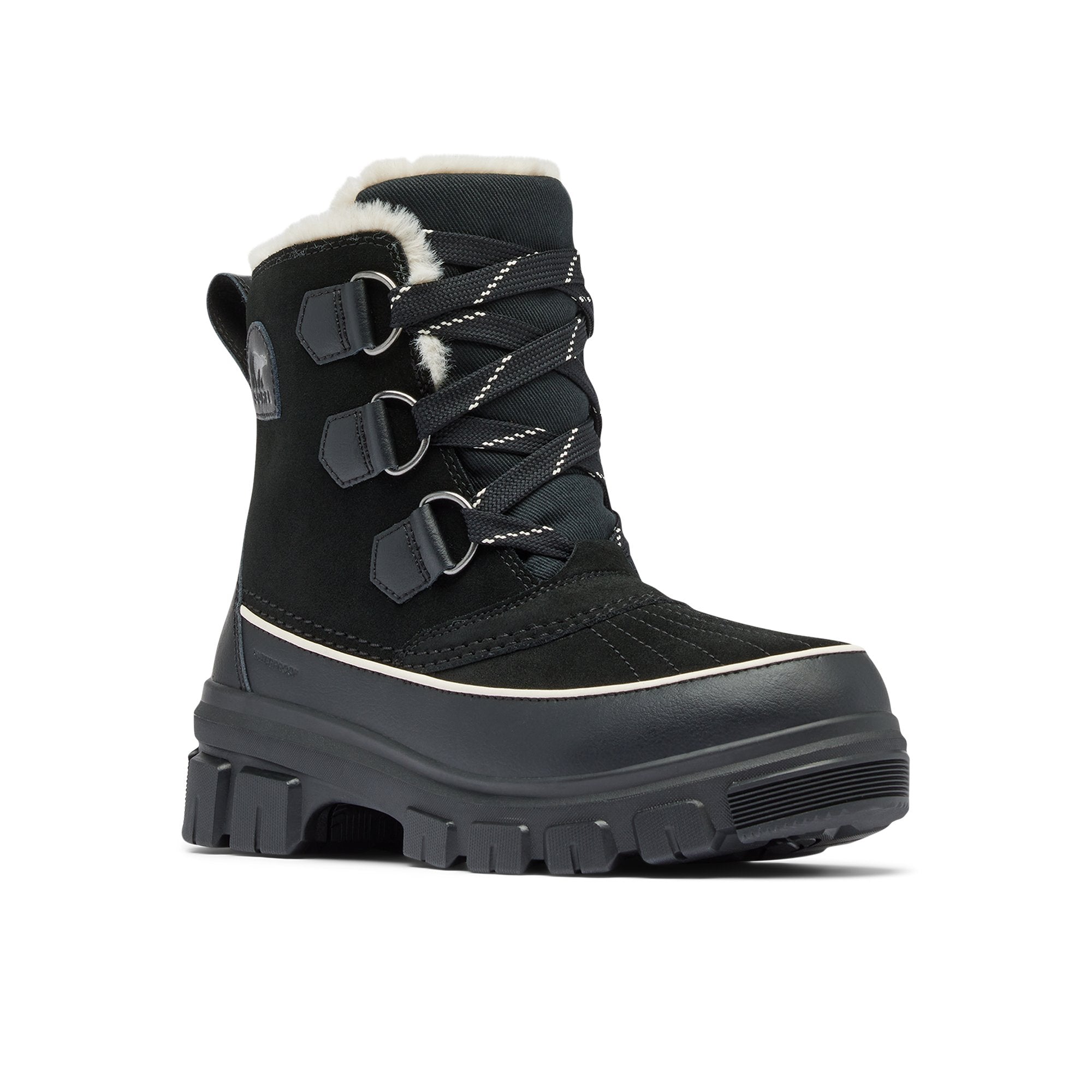 Black winter boot with faux fur lining, chunky lug sole, and lace-up front, angled view