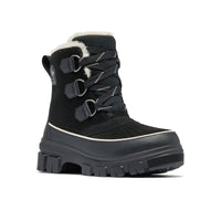 Black winter boot with faux fur lining, chunky lug sole, and lace-up front, angled view