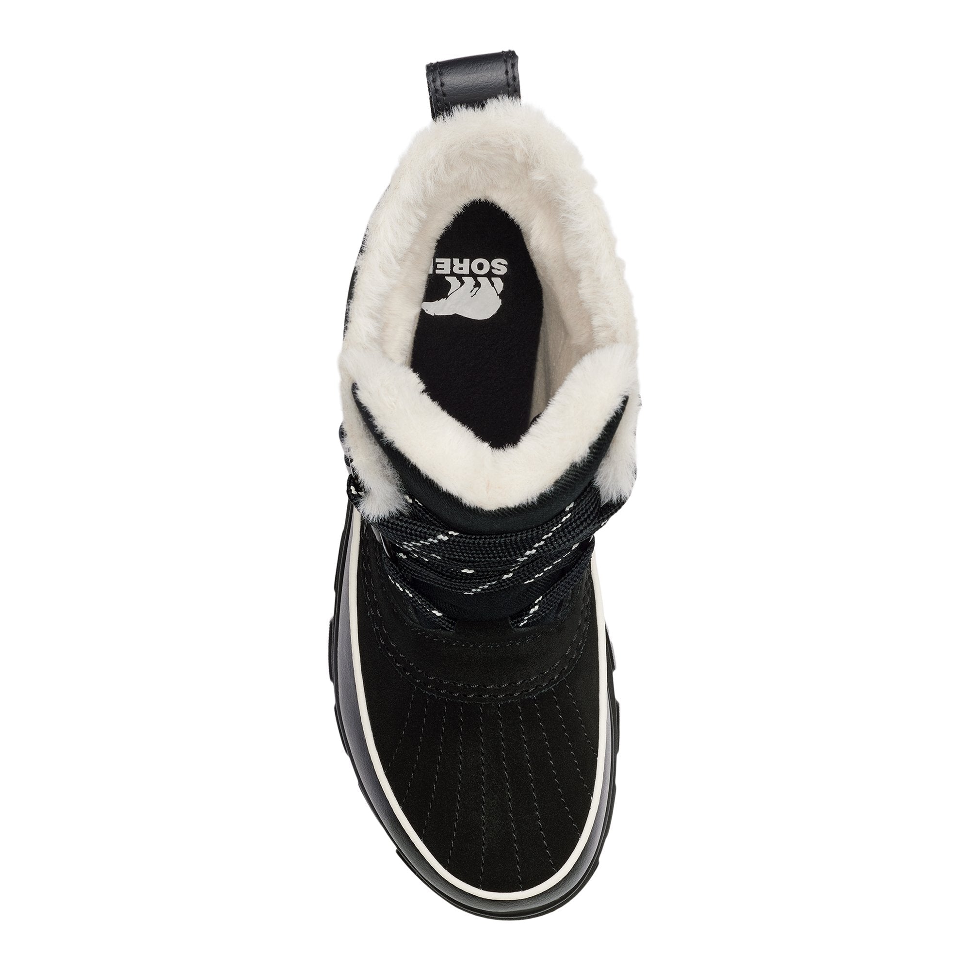 Top-down view of a winter ankle boot with faux fur lining and black suede exterior
