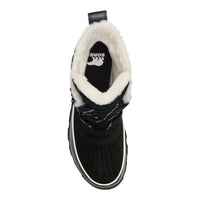 Top-down view of a winter ankle boot with faux fur lining and black suede exterior